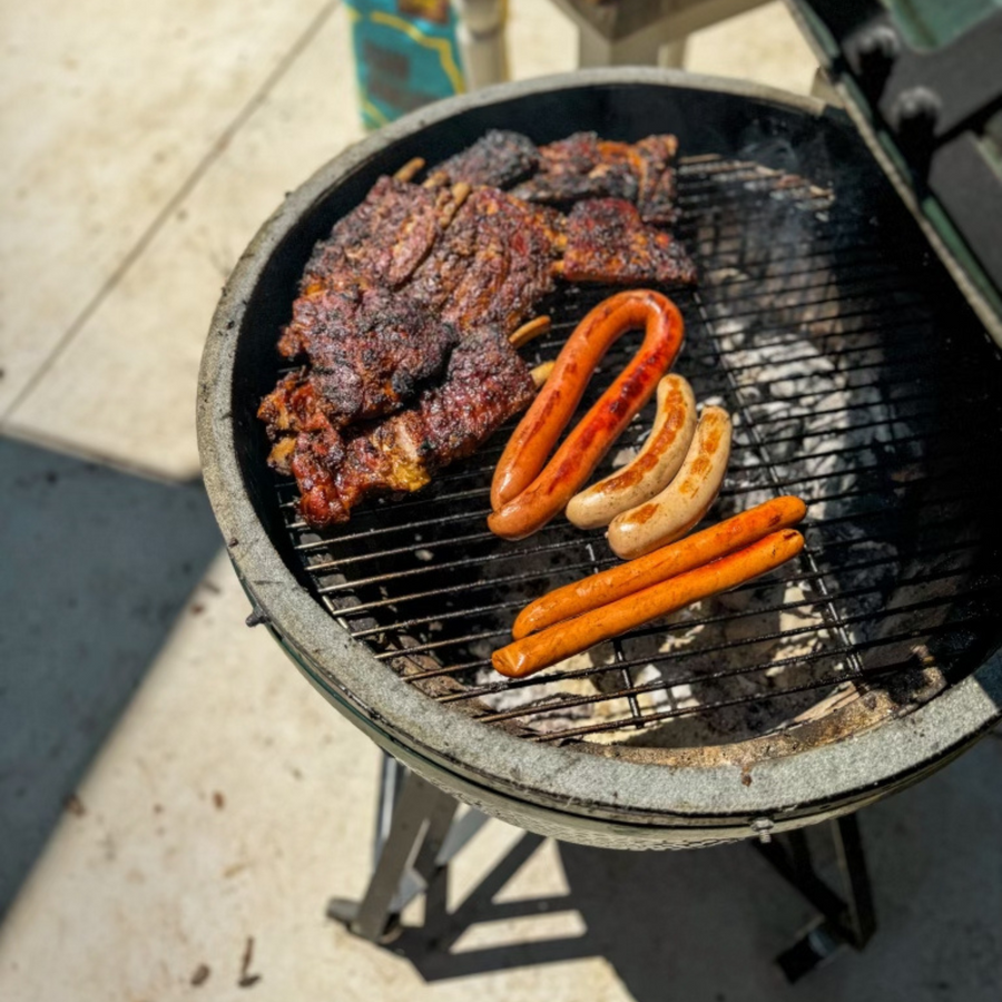 Ribs and sausage on Green Egg