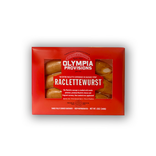 3 Raclettewurst Sausages in limited edition red packaging from Olympia Provisions